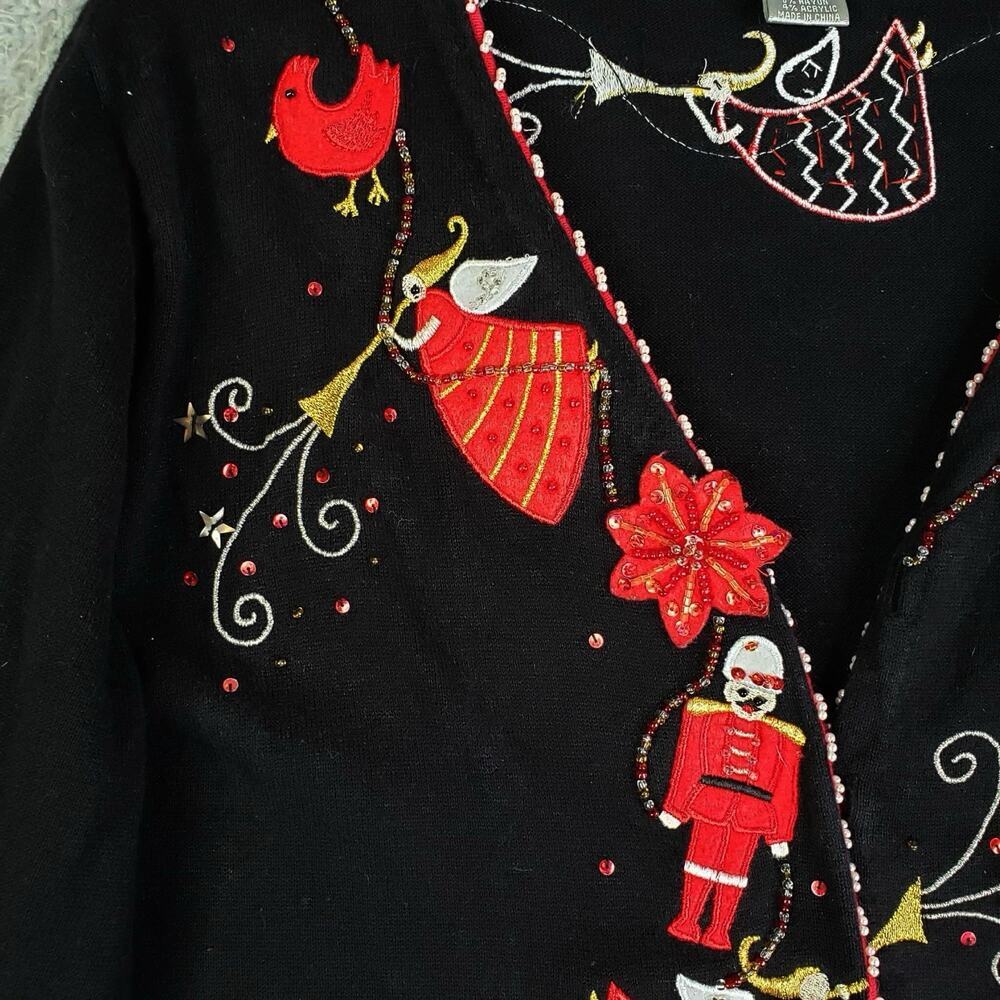 Vtg Berek Christmas Holiday Sweater Cardigan Women's Size XL Button Up Black Red - Picture 5 of 10
